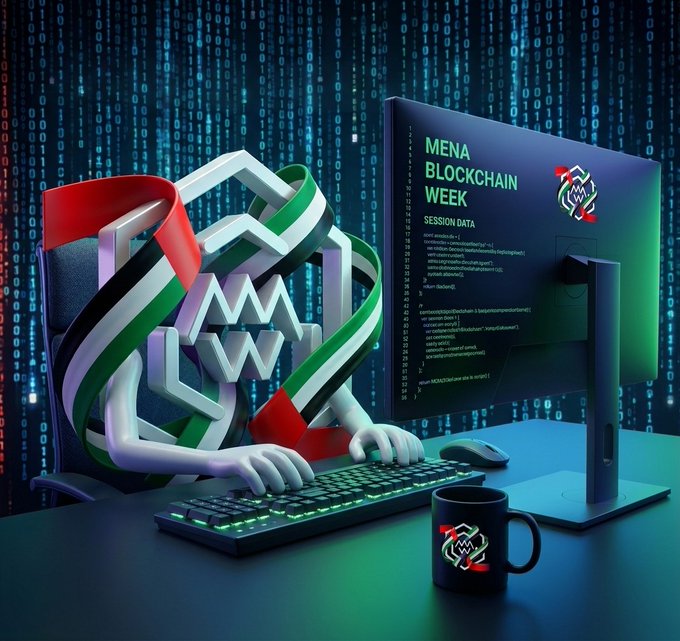 A promotional graphic for 'MENA BLOCKCHAIN WEEK' Session featuring a character wearing UAE flag-themed glasses at a computer setup with code on screen.