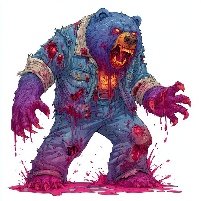 An illustrated comic-style zombie bear wearing a tattered blue denim outfit, with purple fur, glowing red eyes, and blood splattered across its body and claws.