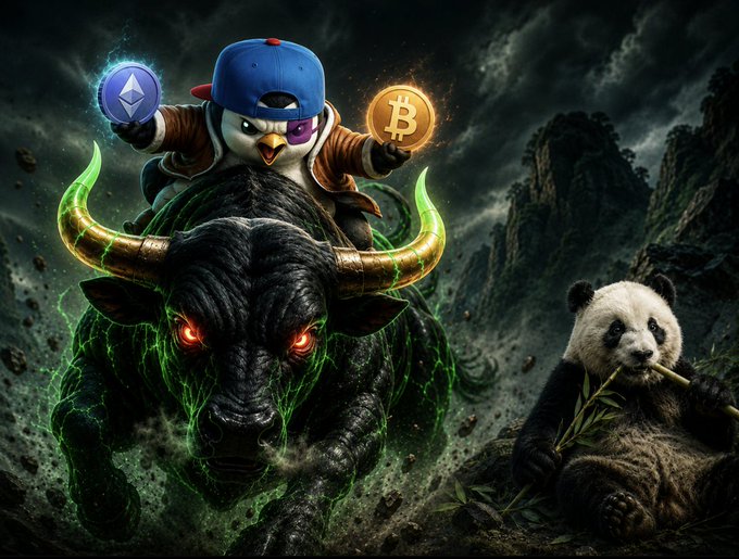 A dramatic digital artwork showing a cartoon penguin wearing a blue cap and sunglasses riding a charging black bull with glowing red eyes, holding an Ethereum coin and a Bitcoin coin, with a panda eating bamboo on the right.