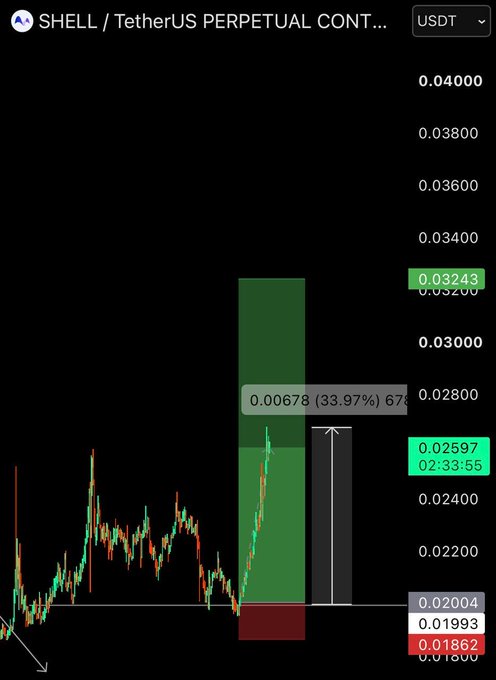 A trading chart for SHELL/TetherUS PERPETUAL CONTRACT on USDT, showing a significant long position with a 33.97% gain (0.00673) at entry price 0.02597 and potential targets at 0.03200/0.03400, with stop-loss at 0.01862.