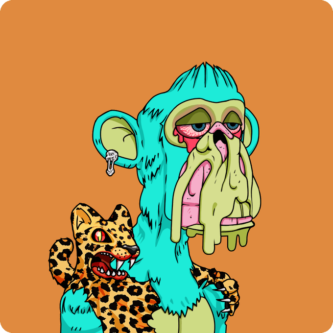 The image features a cartoon monkey with blue fur, wearing leopard print clothing and holding a stuffed animal. The monkey appears to be in distress or discomfort due to its condition. The background of the image is orange, which contrasts with the blue fur of the monkey. There are no texts present in the image.