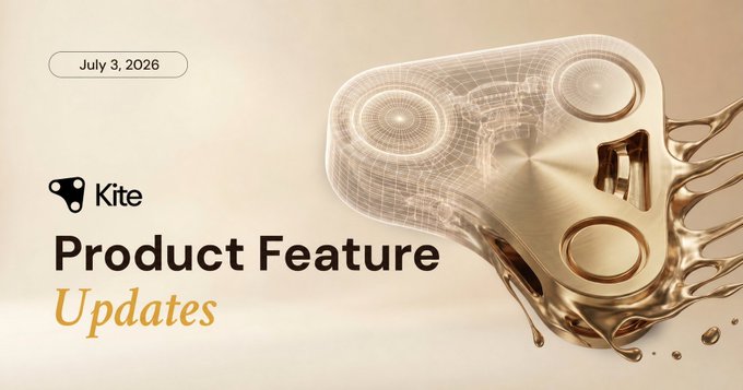 A sleek promotional banner dated "July 3, 2026" for "Kite" announcing "Product Feature Updates," featuring a luxurious golden 3D-rendered object with intricate geometric patterns. The opulent metallic design visually reinforces the announcement that Kite's agents can now track every cent of their spending live through a redesigned dashboard.