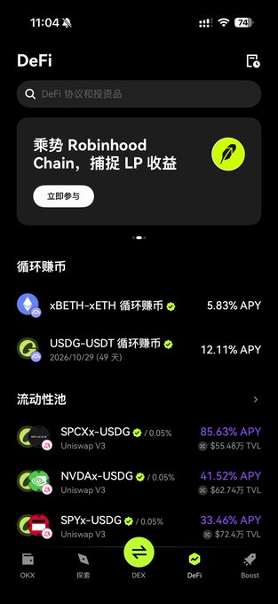 The image shows the OKX Wallet DeFi page featuring a promotional banner for "乘势 Robinhood Chain, 捕捉 LP 收益" (Ride the Robinhood Chain, capture LP returns), which directly supports the post's claim about using the Robinhood LP feature in OKX Wallet. Below the banner, the screen displays current DeFi yields, including perpetual contracts (循环赚币) like xBETH-xETH at 5.83% APY and USDG-USDT at 12.11% APY, along with liquidity pools (流动性池) offering higher returns such as SPCXx-USDG at 85.63% APY, NVDAx-USDG at 41.52% APY, and SPYx-USDG at 33.46% APY, illustrating the variety of wealth management options available within the wallet.