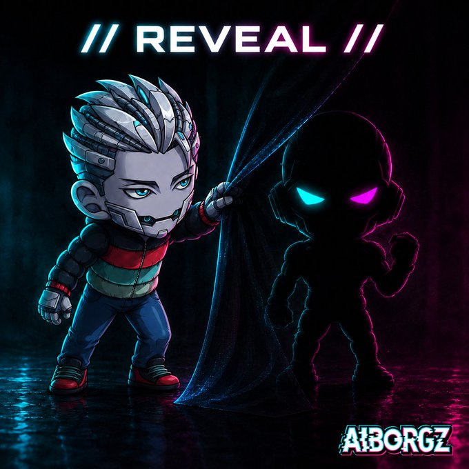 A promotional '// REVEAL //' graphic shows a cyborg-like character pulling back a dark curtain to reveal a glowing silhouette, branded with 'AIBORGZ' at the bottom right.