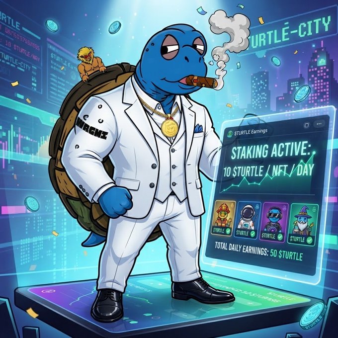 Digital illustration of a blue turtle in a white suit smoking a cigar, standing next to a holographic display advertising 'TURTLE-CITY' staking with 10 $TURTLE/NFT/DAY earnings.