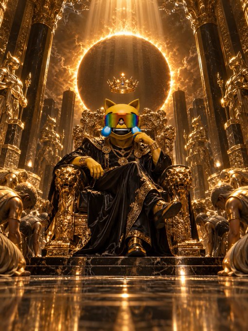An ornate fantasy digital artwork depicting a cat-headed figure wearing a crown and gold chains seated on a golden throne, surrounded by golden statues and a glowing halo in a lavish golden temple.