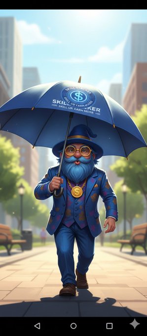 A stylized digital illustration of a bearded man in a blue suit and top hat holding an umbrella labeled 'SKILLOAKER', wearing a dollar sign medallion while walking down a city street.