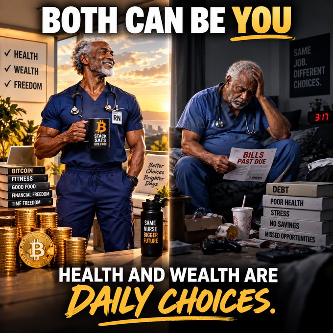 A motivational comparison meme titled 'BOTH CAN BE YOU' showing a fit, smiling nurse holding a Bitcoin mug next to stacks of Bitcoin and books on the left, contrasted with a stressed, overweight nurse surrounded by bills and books labeled 'DEBT' and 'STRESS' on the right, with bottom text reading 'HEALTH AND WEALTH ARE DAILY CHOICES.'