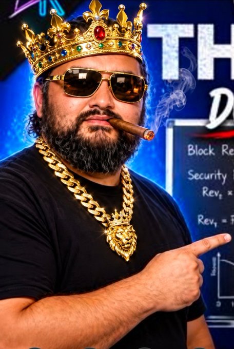 A bearded man wearing sunglasses and a black t-shirt poses with a cigar, adorned with a jeweled golden crown, gold chain, and lion medallion, with a chalkboard of formulas behind him.