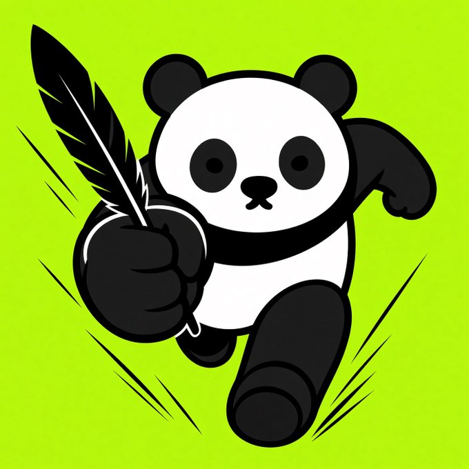 A cartoon panda mascot runs energetically forward on a bright green background, clutching a black feather quill in its outstretched paw, with motion lines emphasizing its swift stride. The illustration visually amplifies the post's bullish sentiment of "$PANDA WILL RUN TO MILLIONS" by depicting the panda literally in a dynamic running pose, symbolizing the rapid price surge the crypto community is rallying behind.
