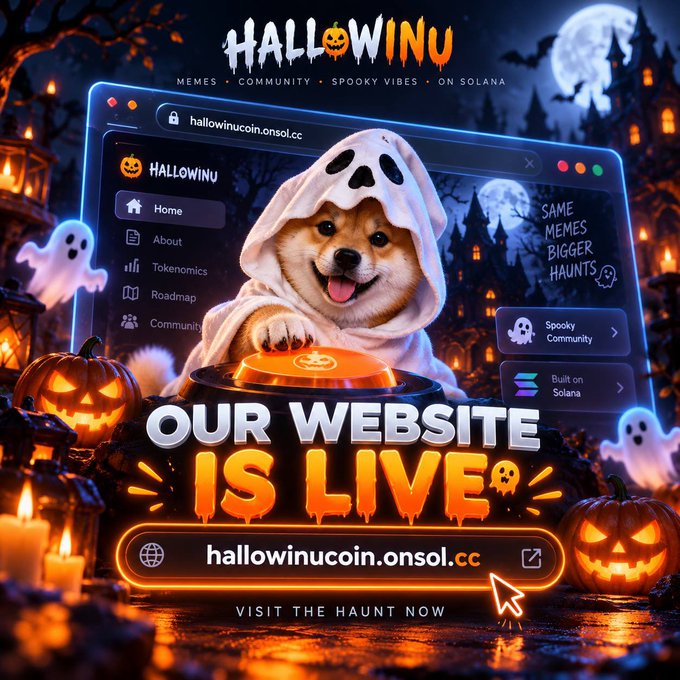 A Halloween-themed promotional graphic for 'HALLOWINU' cryptocurrency showing a Shiba Inu dog in a ghost costume at a DJ turntable, advertising the website 'hallowinucoin.onsol.cc' on the Solana blockchain.
