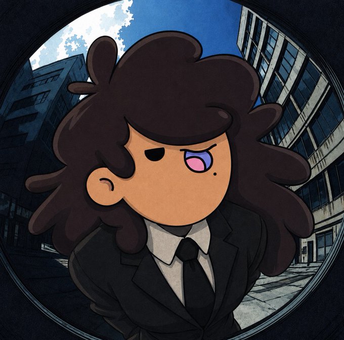 A cartoon-style illustration of a woman with curly brown hair wearing a black suit and tie, framed in a circular vignette against a backdrop of city buildings under a blue sky.