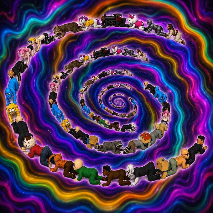 A surreal spiral composition made up of various Roblox-style avatars arranged in concentric circles against a swirling, rainbow-colored psychedelic background.