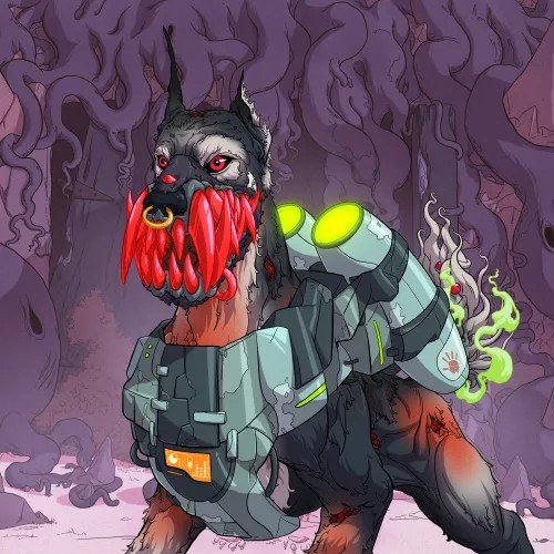 A digital illustration of a German Shepherd wearing futuristic armor with glowing green tanks and a red glowing muzzle, set against a purple, otherworldly forest background.