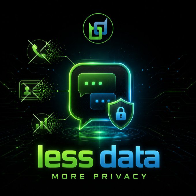 A digital graphic for 'less data' features a green and blue chat bubble with a lock shield, surrounded by crossed-out icons (phone, camera, bar chart), with the tagline 'MORE PRIVACY'.
