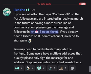 A Discord post by lilensinc (h20) dated July 9, 2026, instructing users with a "Confirm VIP" button on the Portfolio page to sign an on-chain message and open a support ticket to receive future merch and direct communication access, noting users may need to hard refresh.