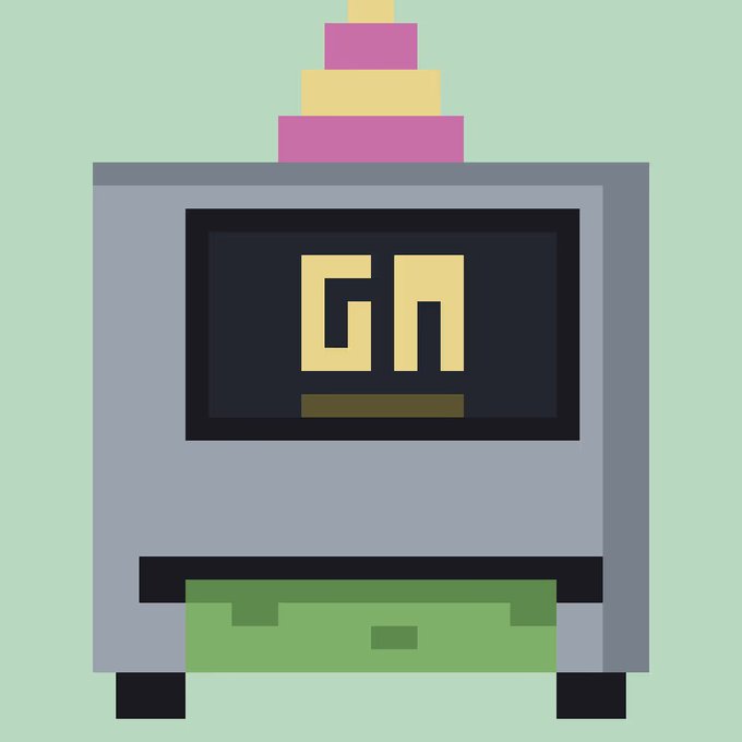 A pixel art machine with a digital screen displaying "GM" and a green drawer, matching the post's metaphor of robots diligently awaiting an OpenSea verdict.