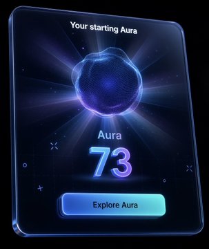 A digital card displays "Your starting Aura" with a glowing orb and the number "73" labeled "Aura," accompanied by an "Explore Aura" button. The image relates to Kaito AI's launch of Kaito Pulse, a verified attention metric that allows users to claim their personalized Aura score.