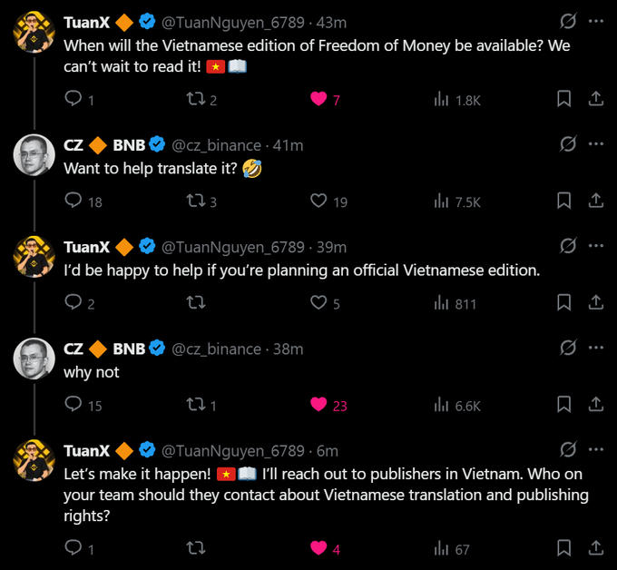 A Twitter/X thread between CZ (Changpeng Zhao, @cz_binance) and TuanX (@TuanNguyen_6789) discussing a Vietnamese edition of "Freedom of Money," where TuanX offers translation help, CZ replies "why not," and TuanX closes by offering to contact Vietnamese publishers for proper licensing—directly addressing the post's concern about unauthorized translations being sold without authorization.