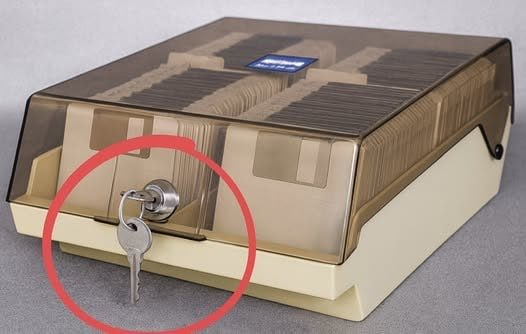 Image of a plastic storage container with a lock and key circled in red at the front.