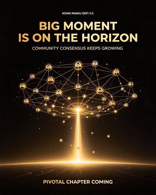 A golden-lit promotional graphic for KOINE PANGU DEFI 5.0 proclaims "BIG MOMENT IS ON THE HORIZON" and "COMMUNITY CONSENSUS KEEPS GROWING," with "PIVOTAL CHAPTER COMING" at the bottom. The image features a glowing network tree of interconnected user icons above a radiant horizon, visually echoing the post's message of an expanding builder community and an imminent milestone.