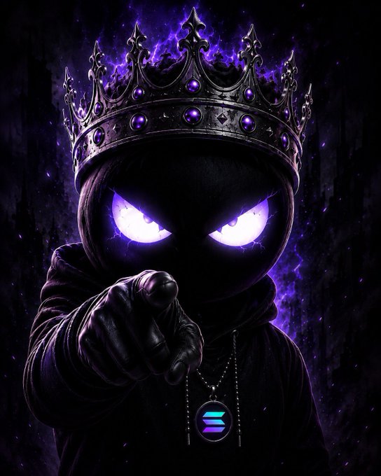A dark, hooded figure wearing an ornate purple-gemmed crown with glowing purple eyes points forward menacingly against a purple, smoky background.