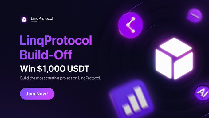 A promotional banner for 'LinqProtocol Build-Off' offers a chance to 'Win $1,000 USDT' for building the most creative project on LinqProtocol.