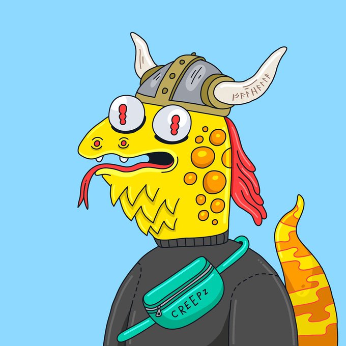 A cartoon illustration of a yellow reptilian character wearing a horned Viking helmet, labeled 'CREEPz' on its teal fanny pack, with a flame-tipped tail.