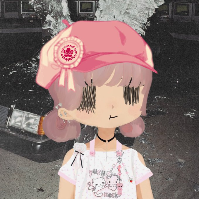 An anime-style character with pink hair wearing a pink newsboy cap and a white shirt with a cat and unicorn design stands in front of a dark, grainy background featuring an old car.