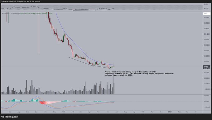 A TradingView weekly candlestick chart of USDT with annotated text highlighting a "Double bullish divergence" forming near the 0.00002 support level, suggesting a strong trigger for upward momentum and a potential target near 0.00035. The post references this technical setup as a buying opportunity, noting the asset's 30-40% correction and its recovery tied to strengthening $SOL momentum.