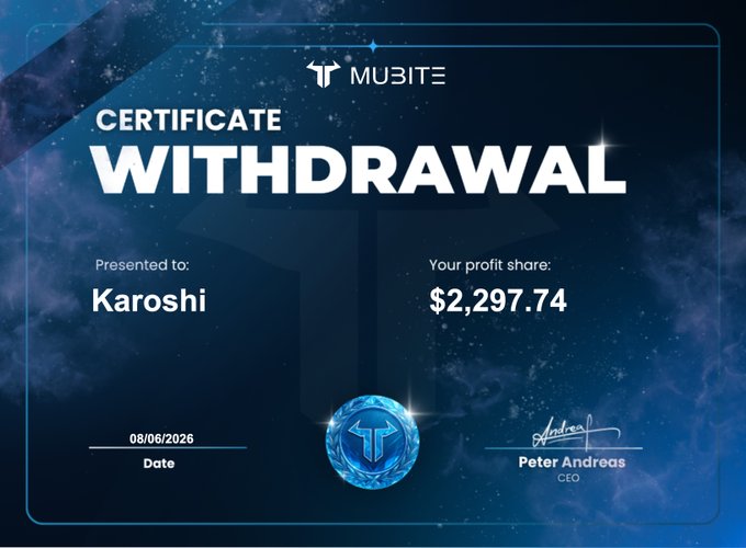 The image features a certificate of achievement, likely awarded by a cryptocurrency exchange or platform like MUBite, for someone who has successfully completed a cryptocurrency trading challenge. The certificate displays the name "Karooshi" along with the amount of money they have won in the form of Bitcoins. The post also mentions that the person has won more than twice the fee paid for the challenge.