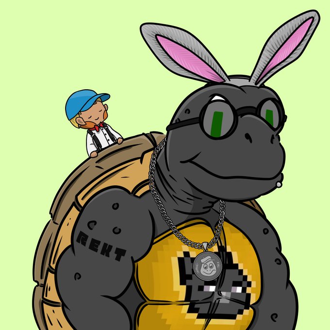 A cartoon of a muscular black rabbit (Meme Token reference) wearing sunglasses and a 'REKT' tank top with a crypto logo, with a small businessman riding on its back.