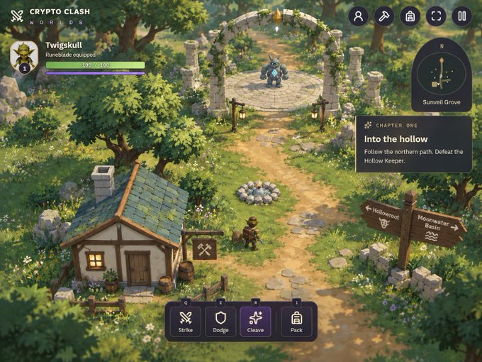 A screenshot of the game "Crypto Clash Worlds" showing Chapter One "Into the hollow" with a character named "Twigskull" equipped with a RuneBlade, displayed in a fantasy village setting.