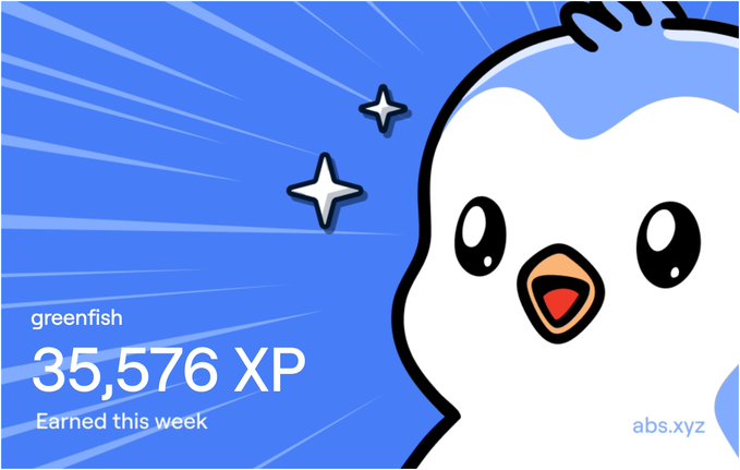 A Duolingo-style achievement screen shows a white owl character with the text 'greenfish', '35,576 XP', and 'Earned this week' on a blue starburst background, watermarked 'abs.xyz'.