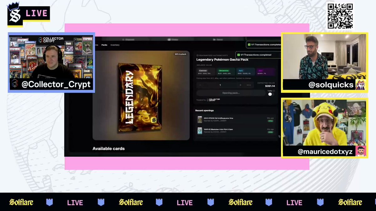 The image shows a screen with three people wearing costumes, one of whom has a Pikachu costume. The background features a map of the world, and there are two boxes labeled "Live" and "Collector". A person's name tag can be seen in the bottom right corner of the image. The post mentions that a collector won a Minecraft game on Live stream, and it is a true collectors piece from Solflare Packs.