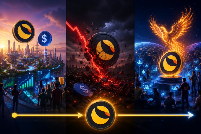 A three-panel digital illustration depicting a cryptocurrency's journey: from a thriving futuristic city with growth charts on the left, through a destructive crash in the middle, to a phoenix-like resurrection and recovery on the right, with the Luna/Terra logo featured in each panel.