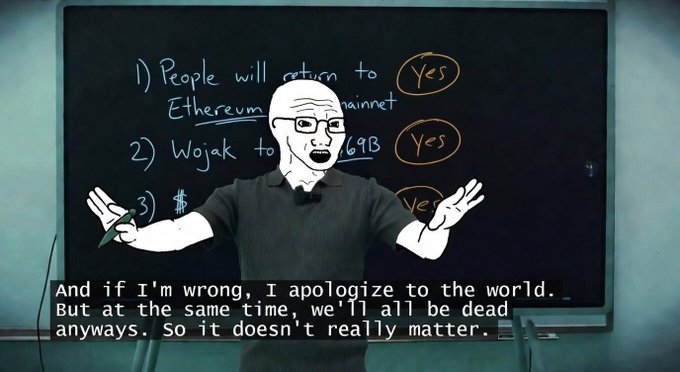 ersatz, a character with glasses and a black shirt, stands before a chalkboard filled with questions about Bitcoin, asking "People will return to Etherium."