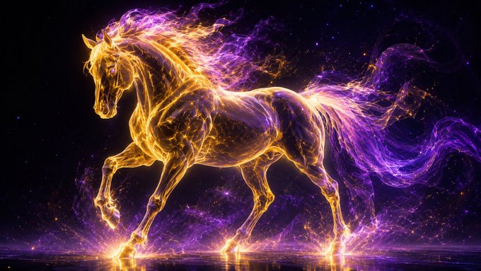 A vibrant digital artwork of a fiery horse made of glowing orange and purple cosmic energy/light, galloping against a starry dark background.