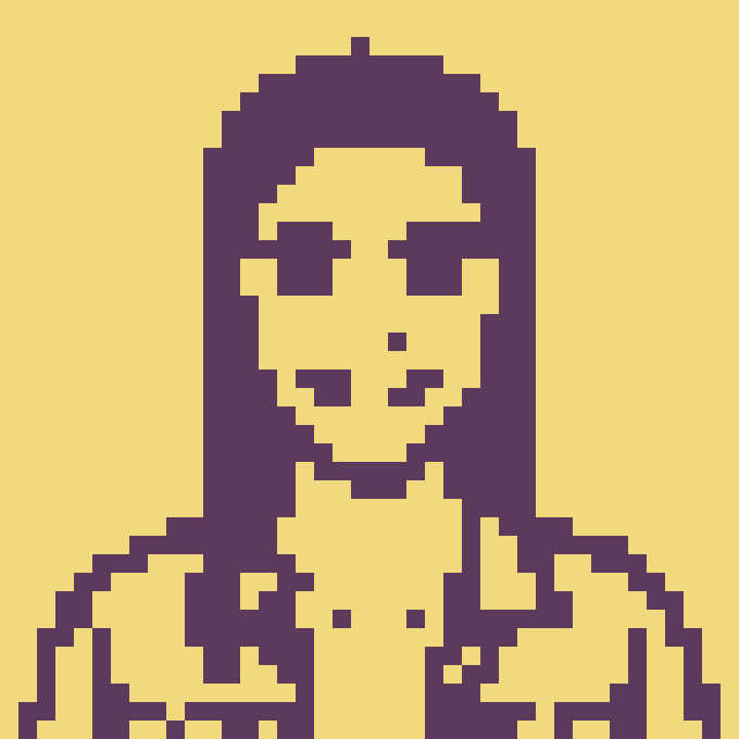 A pixel art portrait of a person with long hair, created in yellow and dark purple/black blocks, reminiscent of the Mona Lisa.
