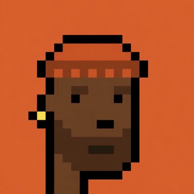 Pixel art of a dark-skinned character's head with a red headband, featuring simple facial features on a solid orange background.