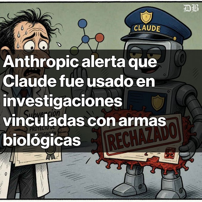 The image is a WSJ (Wall Street Journal) editorial cartoon depicting a sweating, distressed scientist in a lab coat holding a document labeled "Subversion Proyecto de Investigación" while being confronted by a police-bot wearing a cap labeled "CLAUDE" (Anthropic's AI assistant), which holds a red, virus-shaped "RECHAZADO" (Rejected) stamp. 

The overlaid Spanish text reads: "Anthropic alerta que Claude fue usado en investigaciones vinculadas con armas biológicas" ("Anthropic warns that Claude was used in investigations linked to biological weapons").

The cartoon visually reinforces the article's message: while Claude rejected harmful requests (symbolized by the "RECHAZADO" stamp), users attempted to circumvent those safety guardrails by taking code Claude generated and using it with a rival AI to potentially spread chikungunya and evade immune responses, highlighting the limitations of AI safety measures in preventing misuse.