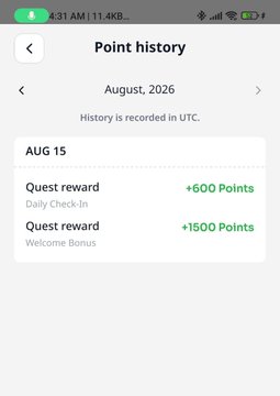 The image shows a "Point history" screen from the Alphea app displaying a user's rewards for August 2026, with a +600 Points Daily Check-in and +1500 Points Welcome Bonus on Aug 15, illustrating the contribution points the post references that can be earned by downloading and signing up for Alphea.