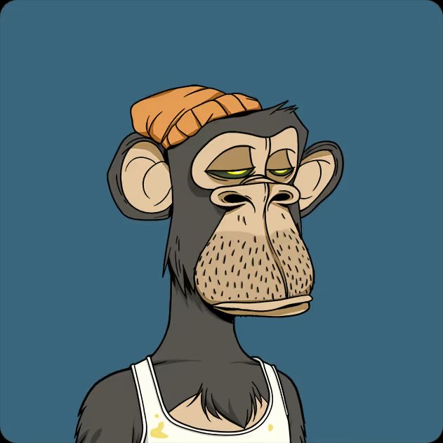 The image features a cartoon monkey wearing a hat and a white shirt with a yellow stripe down the middle, standing against a blue background. The caption below the image reads "I always wanted to have an ape, that was always the goal. Started in small steps a few years back with my first mutant... Well, today I took a bigger step and made that happen. I am a bored ape for life @BoredApeYC".