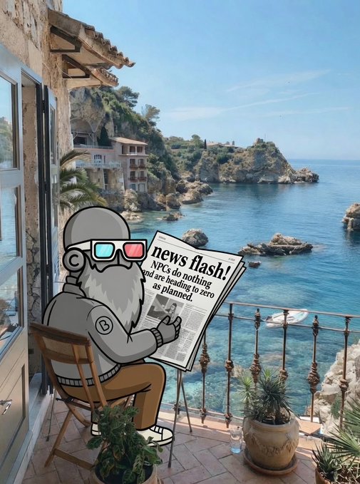 An illustration shows a cartoon figure wearing 3D glasses sitting on a balcony reading a newspaper with the headline "news flash! NPCs do nothing and are heading to zero as planned," overlooking a Mediterranean coastal scene.