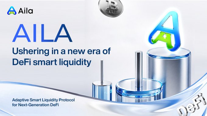 A promotional graphic for 'AILA' describing it as 'Ushering in a new era of DeFi smart liquidity' with the tagline 'Adaptive Smart Liquidity Protocol for Next-Generation DeFi', featuring a Bitcoin and an 'A' logo.