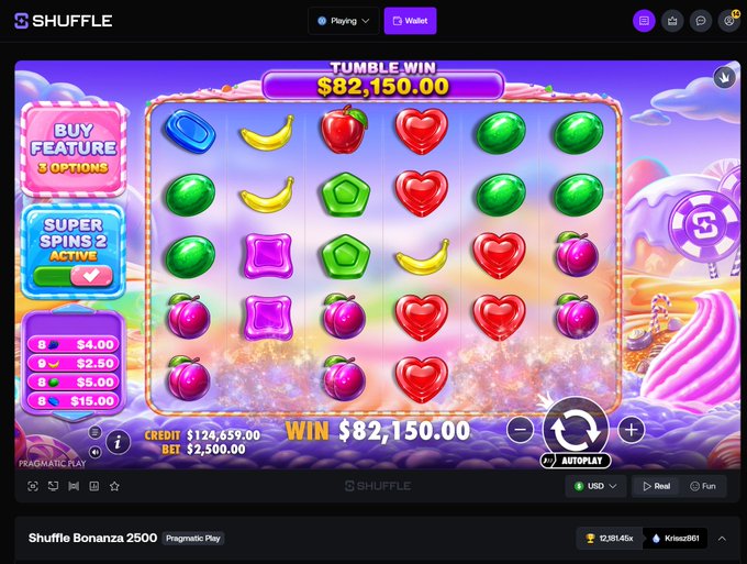 The image shows a "Shuffle Bonanza 2500" slot game by Pragmatic Play in action, with the player hitting a "TUMBLE WIN" of $82,150.00 on a $2,500 bet (credit: $124,639.00), featuring fruit and candy symbols on a colorful candy-themed grid. This massive win aligns with the post celebrating turning a small starting amount into a $125K jackpot.