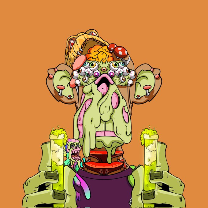 A grotesque cartoon character with multiple eyes, an open mouth, and dripping green slime, holding two glasses of beer against an orange background.