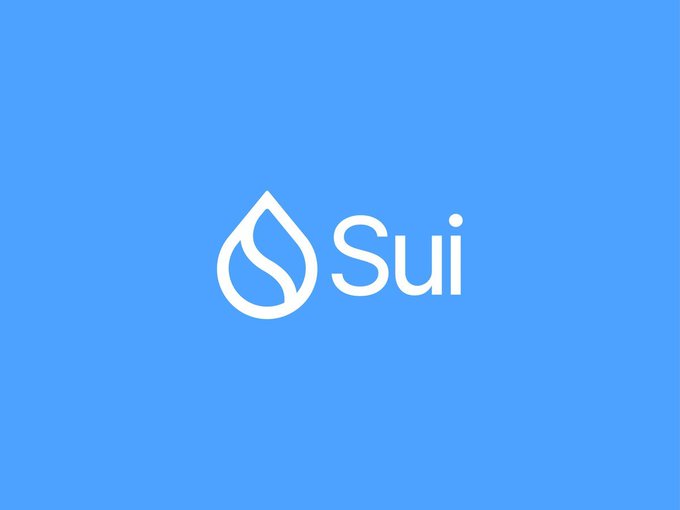 A blue background displaying the white "Sui" logo—a stylized water droplet beside the brand name—serving as a visual identity for the cryptocurrency being discussed in the accompanying "GM" post.