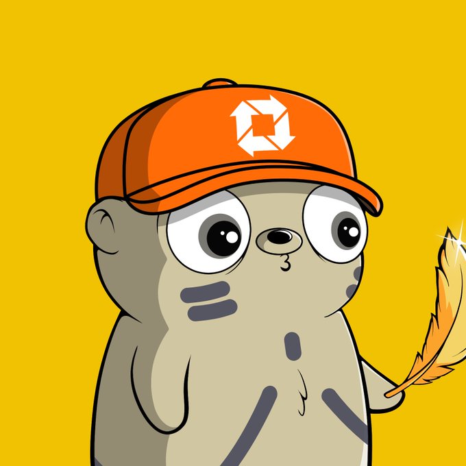 A cartoon illustration of a gray creature with large eyes wearing an orange cap with a white recycling-like symbol, holding a golden feather against a mustard yellow background.