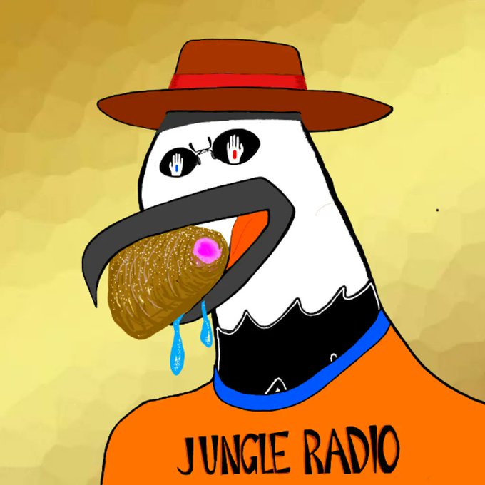 A cartoon illustration shows a crying white bird character with long black beak-like eyebrows, wearing a brown hat and an orange shirt labeled 'JUNGLE RADIO'.